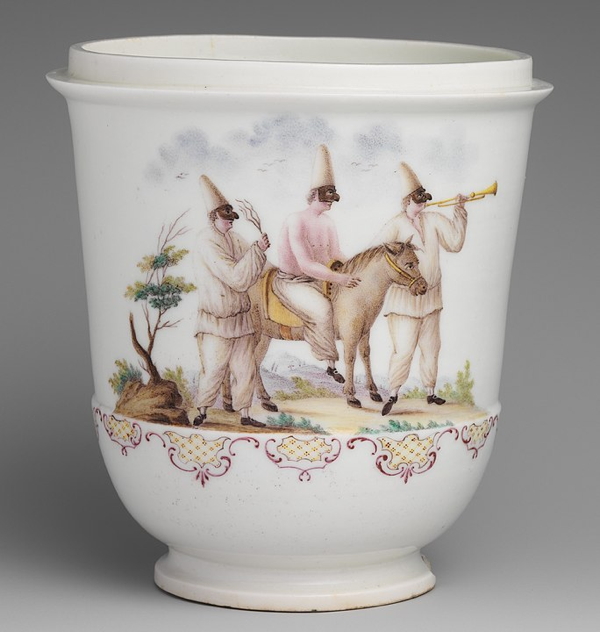 Capodimonte porcelain jar with three figures of Pulcinella, Naples, Italy, 1745-50. Capodimonte porcelain jar with three figures of Pulcinella, Naples, Italy, 1745-50.
