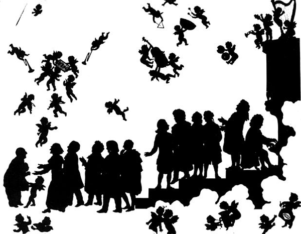 Anton Bruckner arrives in Heaven". Bruckner is greeted by (from left to right): Liszt, Wagner, Schubert, Schumann, Weber, Mozart, Beethoven, Gluck, Haydn, Handel, Bach. (Silhouette drawing by Otto Böhler) Silhouette drawing of Bruckner in heaven