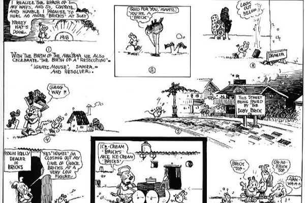 Ignatz swears off brick throwing in "Krazy Kat." Public Domain.