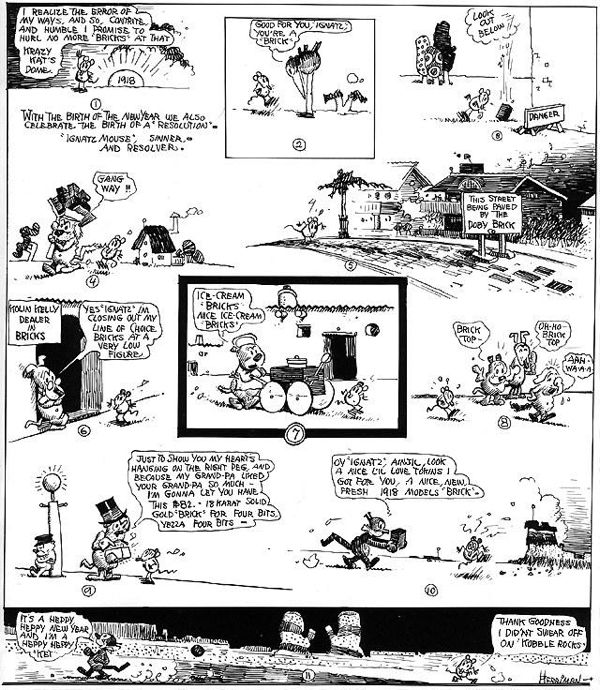 Ignatz swears off brick throwing in "Krazy Kat." Public Domain. Ignatz swears off brick throwing in "Krazy Kat." Public Domain.