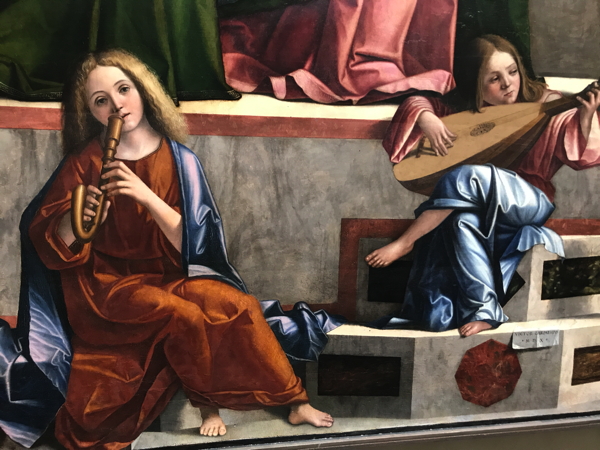 Angels playing crumhorn and lute, from “Presentation in the Temple,” painted altarpiece by Vittore Carpaccio, 1510; in the Accademia, Venice Angels playing crumhorn and lute, from “Presentation in the Temple,” painted altarpiece by Vittore Carpaccio, 1510; in the Accademia, Venice